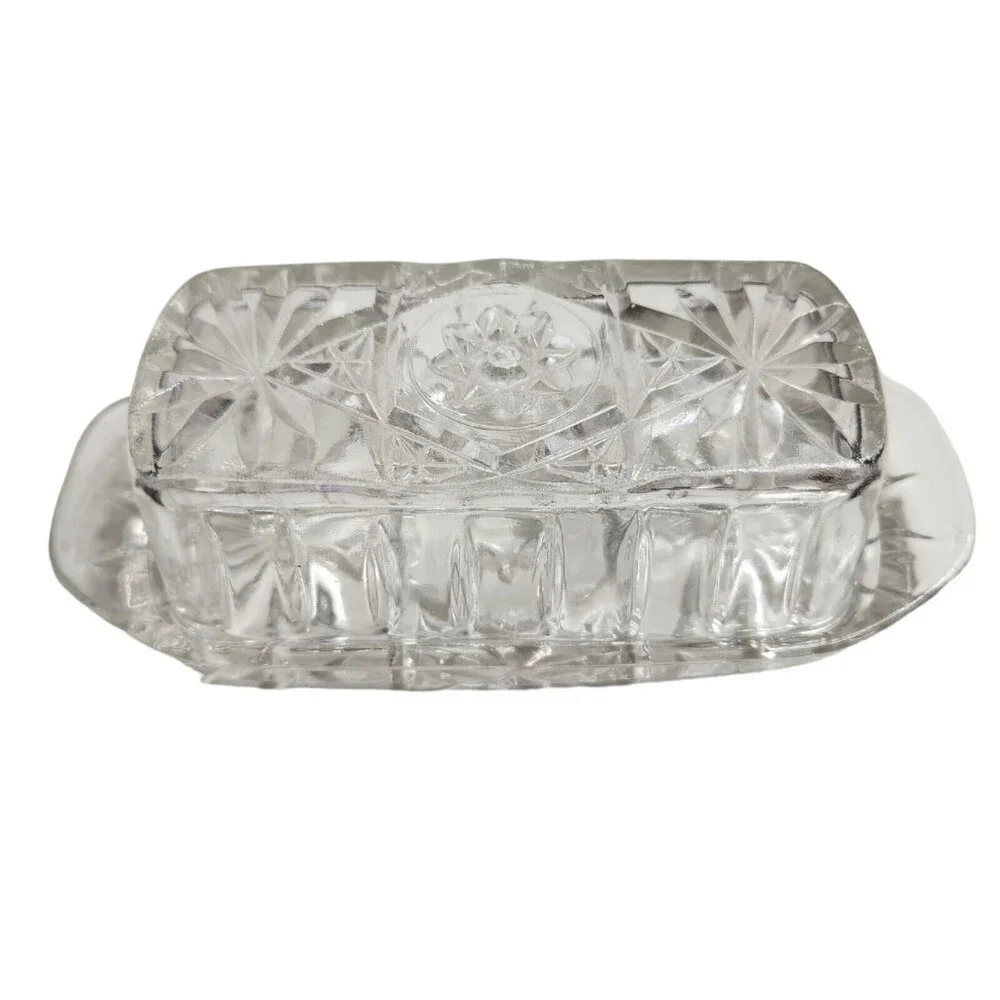Vintage Butter Dish Anchor Hocking Star Of David Cut Crystal Glass With Lid